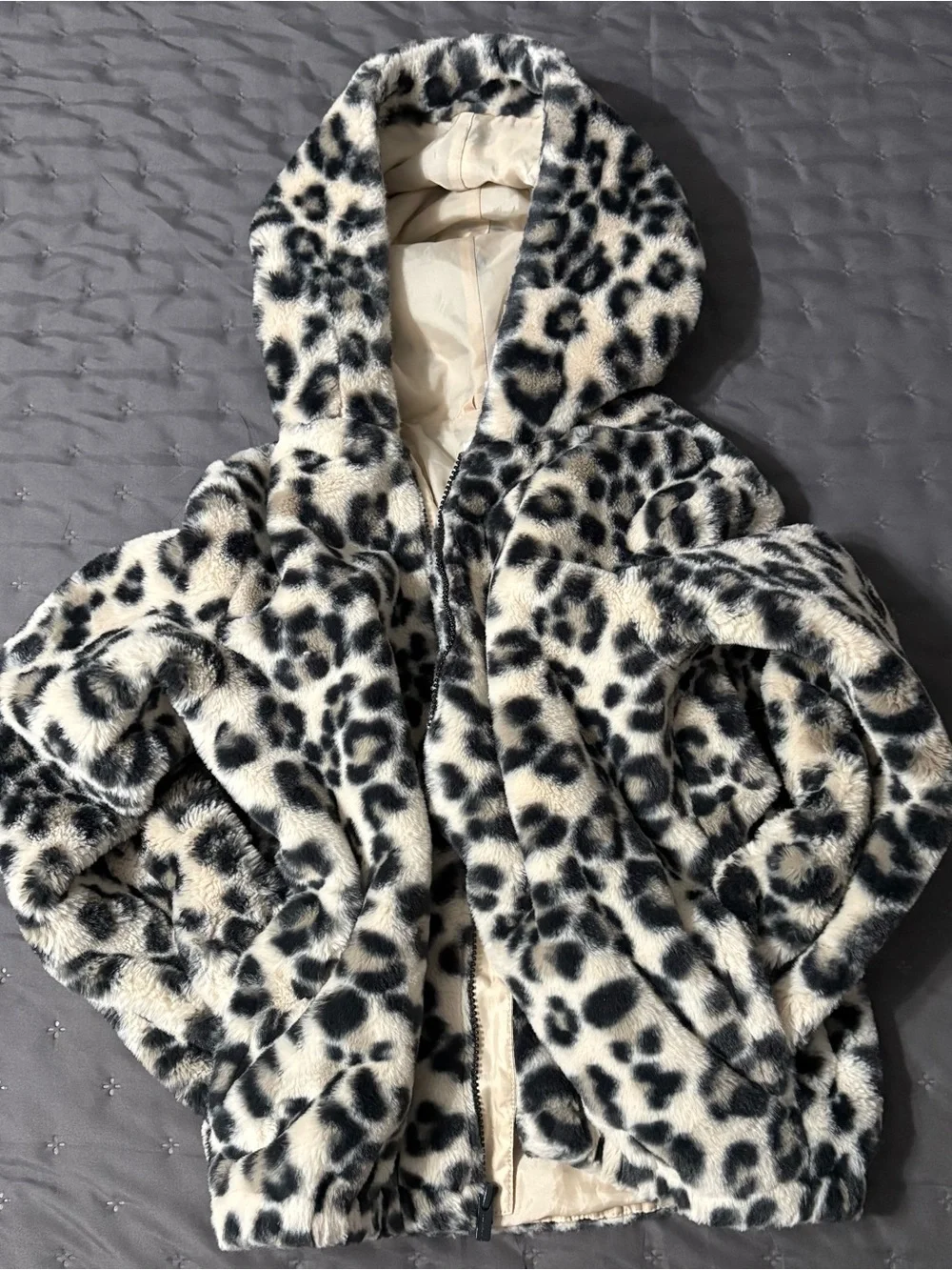 Girl’s Old Navy Beige and Black Faux Fur Leopard Zip Hoodie